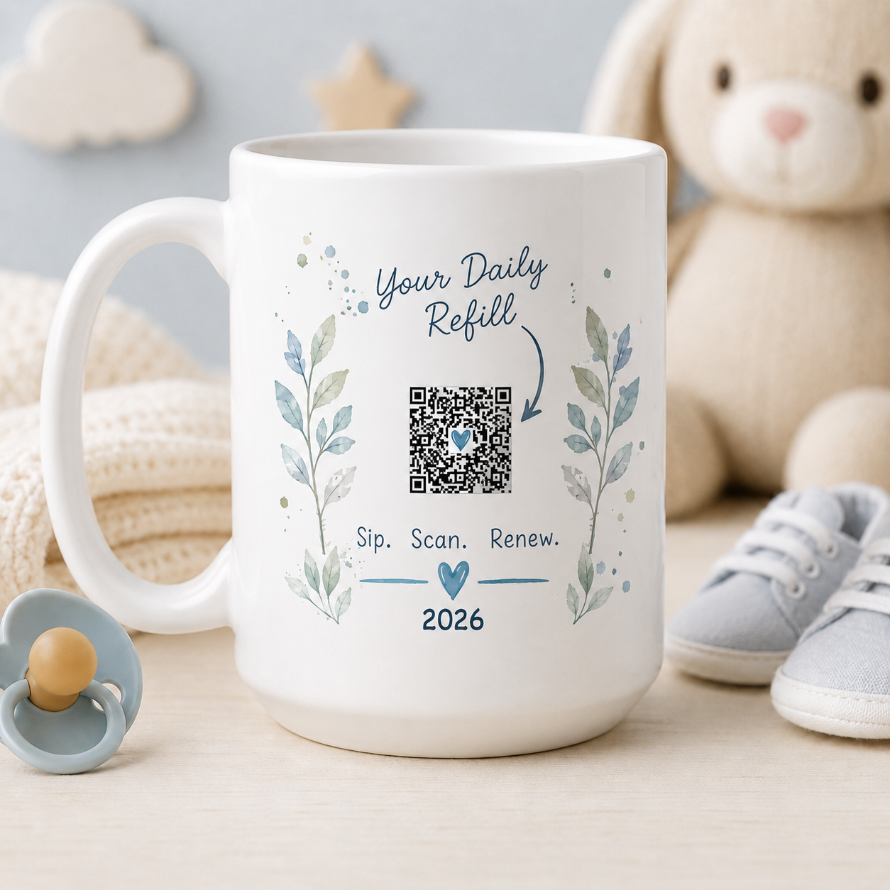 Sleep is Temporary, Coffee is Necessary mug, opposite side with QR code